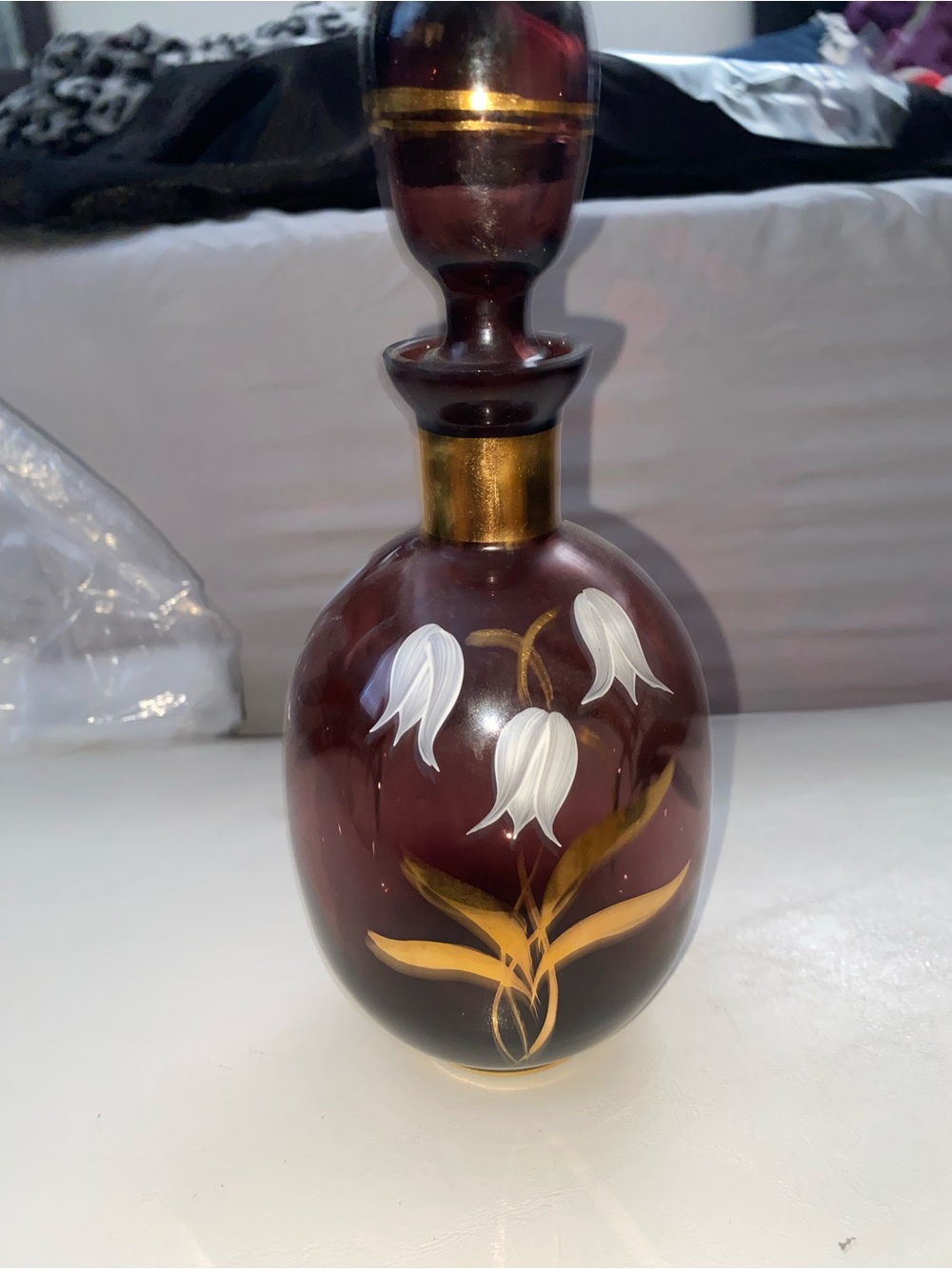Hand-Painted Plum Glass Vase with White Floral Design
